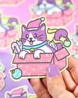 Christmas Cat in a Box Vinyl Sticker