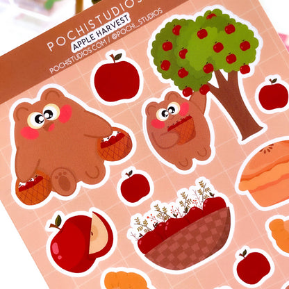 Cute Bear Pochi Apple Harvest Fall Vinyl Matte Sticker Sheet