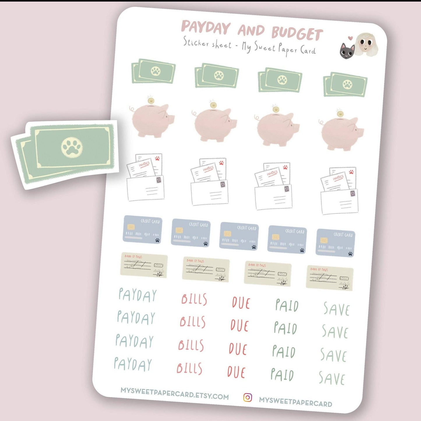 Budget stickers - Payday stickers - Cat planner stickers