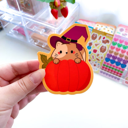 Cute Kitty Witch Pumpkin Waterproof Vinyl Die-Cut Sticker