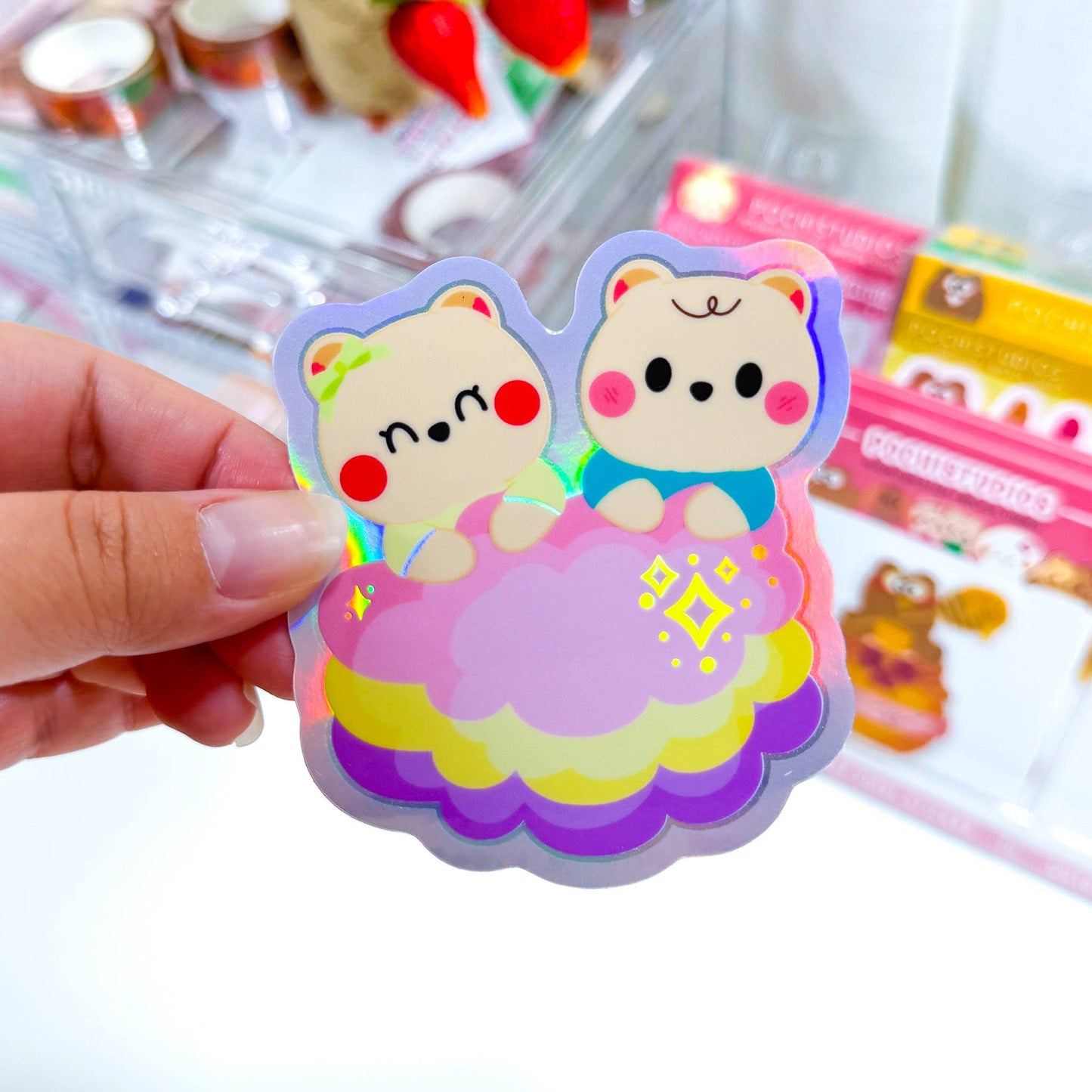 Colorful Bears Cotton Candy Soft Holo Waterproof Sticker