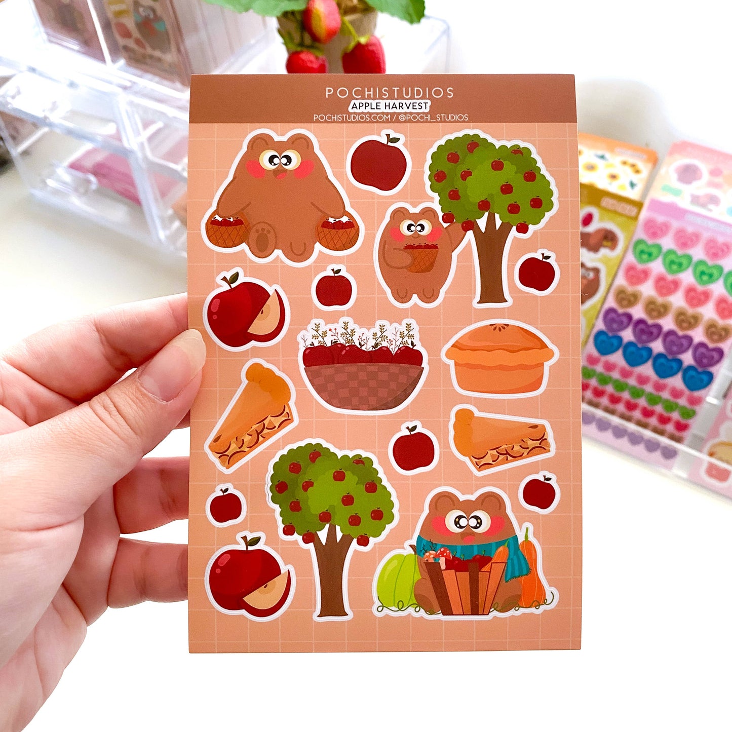 Cute Bear Pochi Apple Harvest Fall Vinyl Matte Sticker Sheet