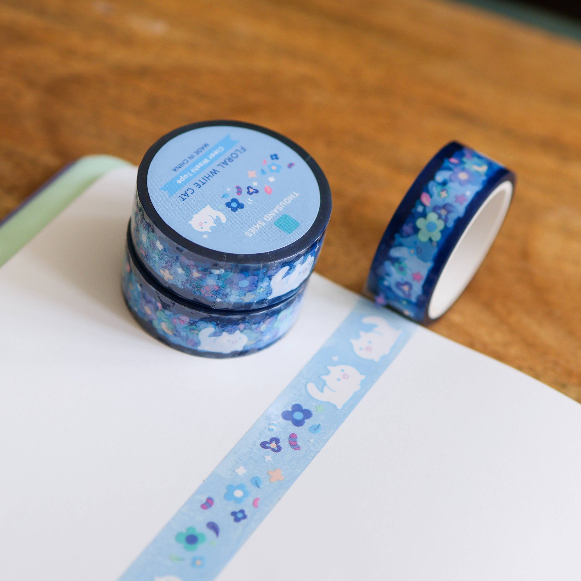 Floral White Cat PET Tape