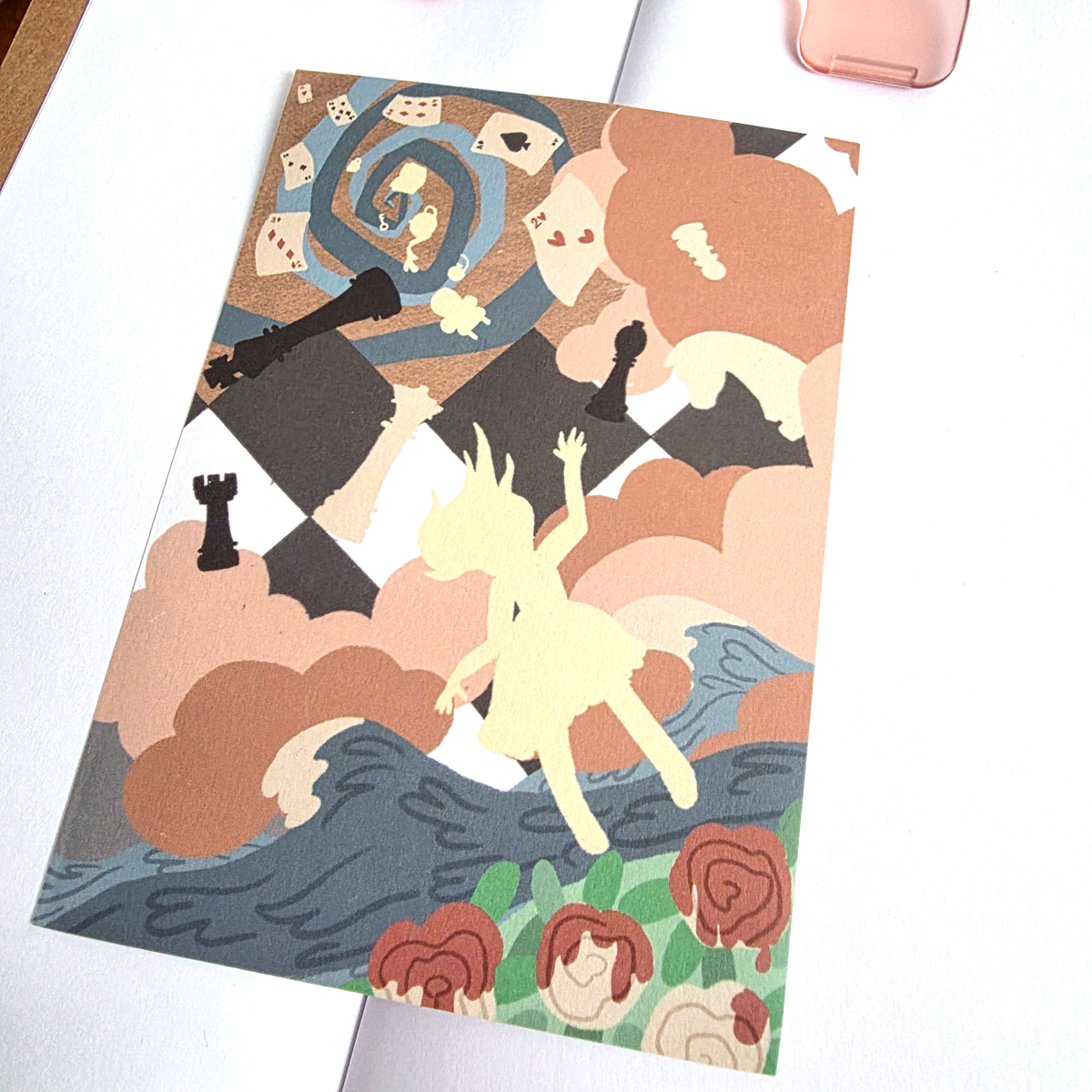 Full A6 Alice in Wonderland washi sticker page with Alice, playing cards, chess pieces and roses