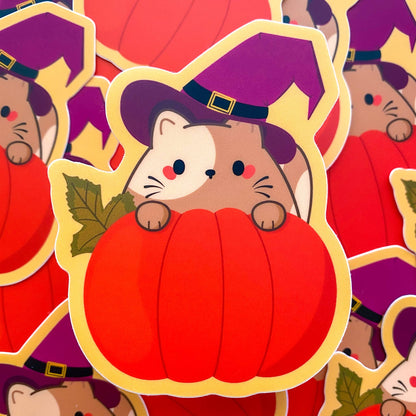 Cute Kitty Witch Pumpkin Waterproof Vinyl Die-Cut Sticker