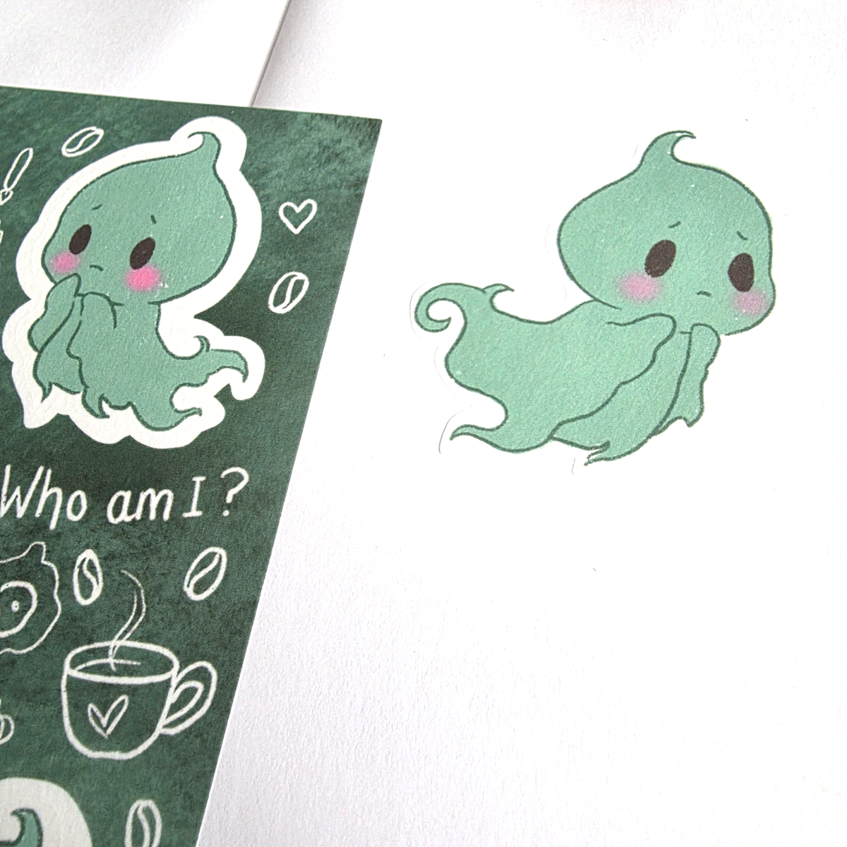 Close-up of a green ghost washi sticker beside the sheet