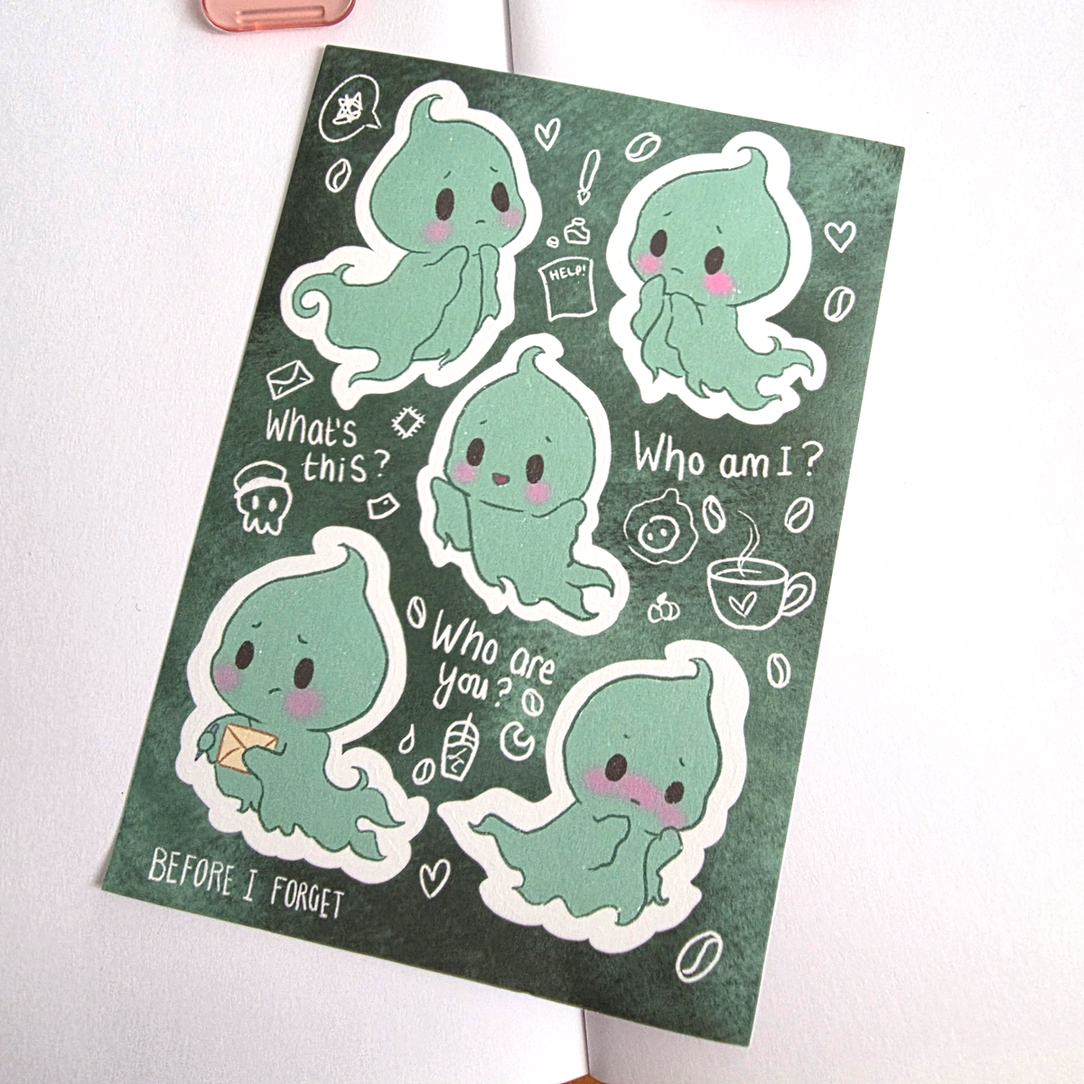 Before I Forget green ghost washi sticker sheet with five ghosts and little doodles