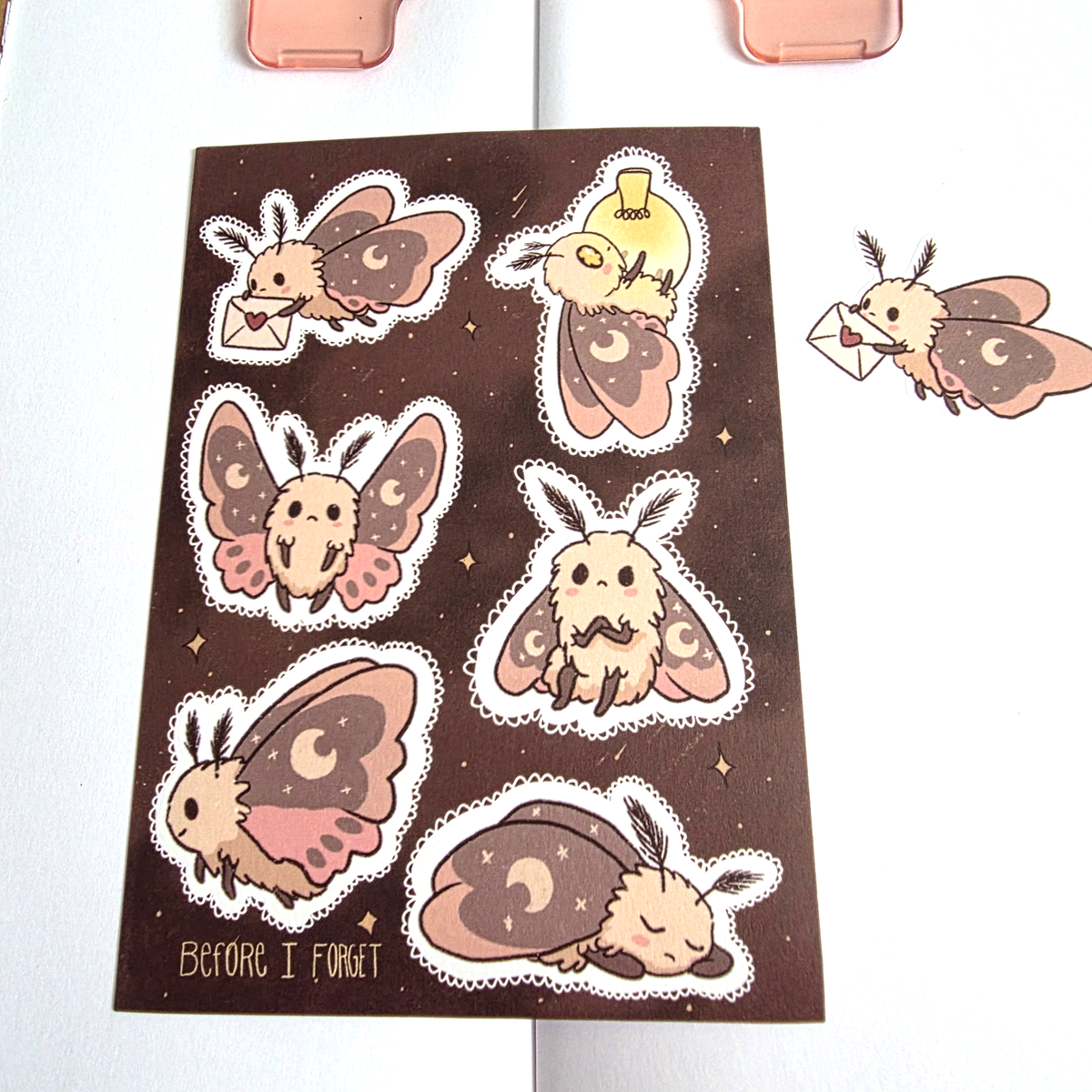 Before I Forget moth washi sticker sheet with six fluffy moth characters