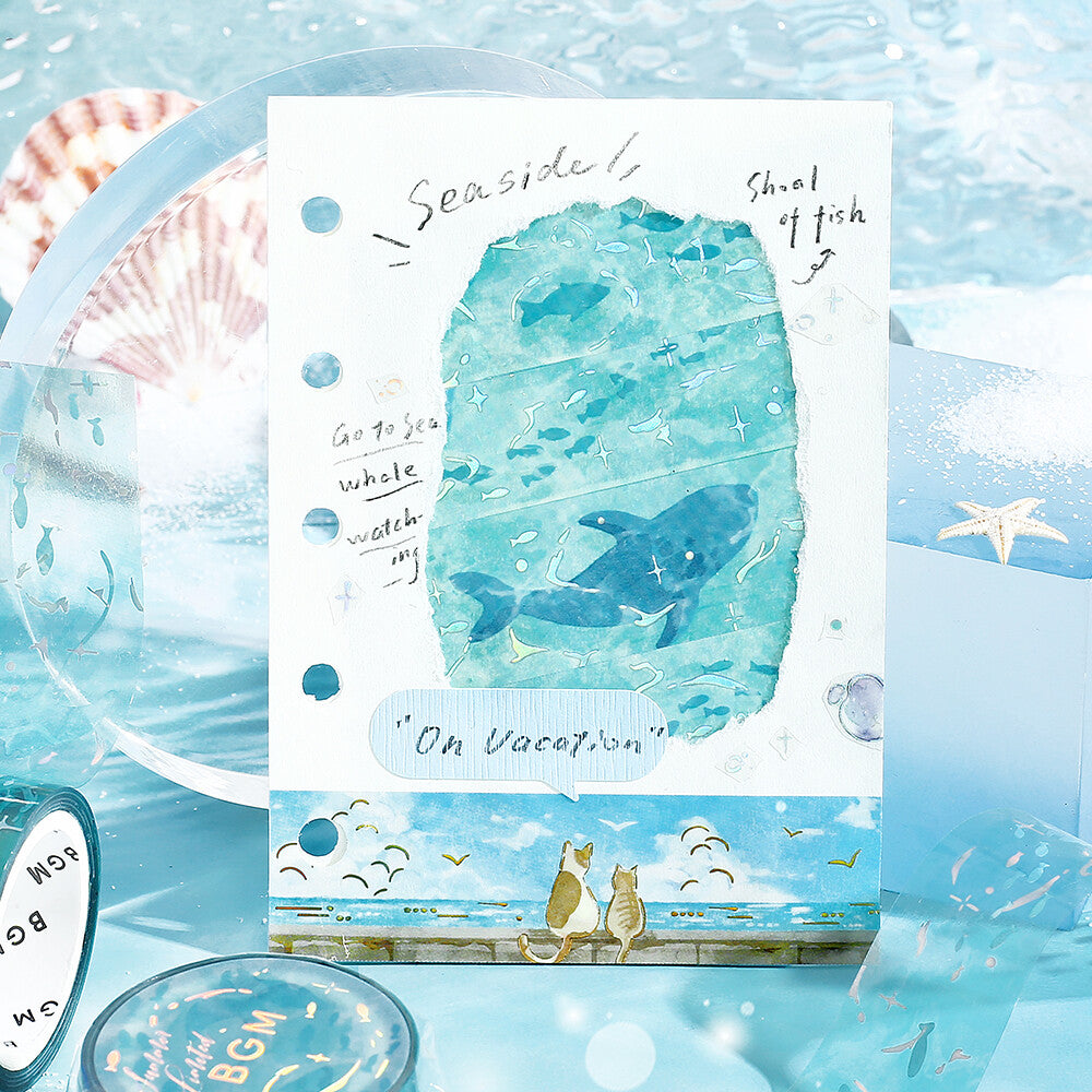Ocean Wave Clear Tape used in a seaside journal spread with shells and ocean-themed details